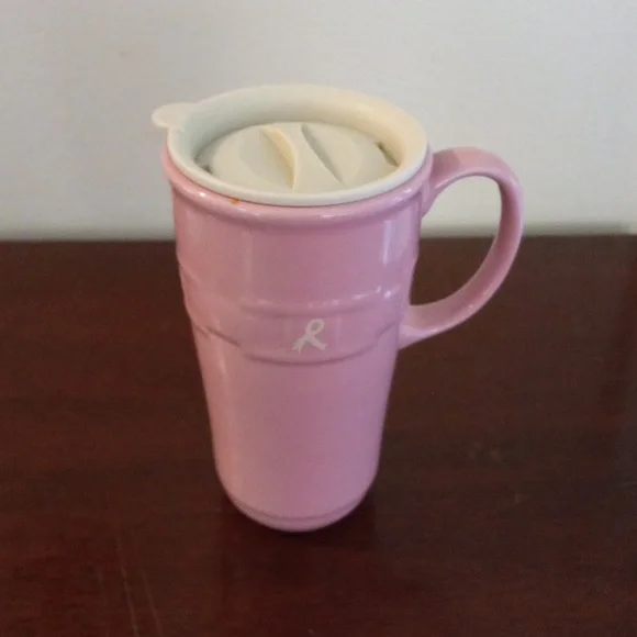 LONGABERGER Woven Traditions Pink Travel Mug with Lid Breast Cancer Ribbon NWOT - Picture 4 of 11